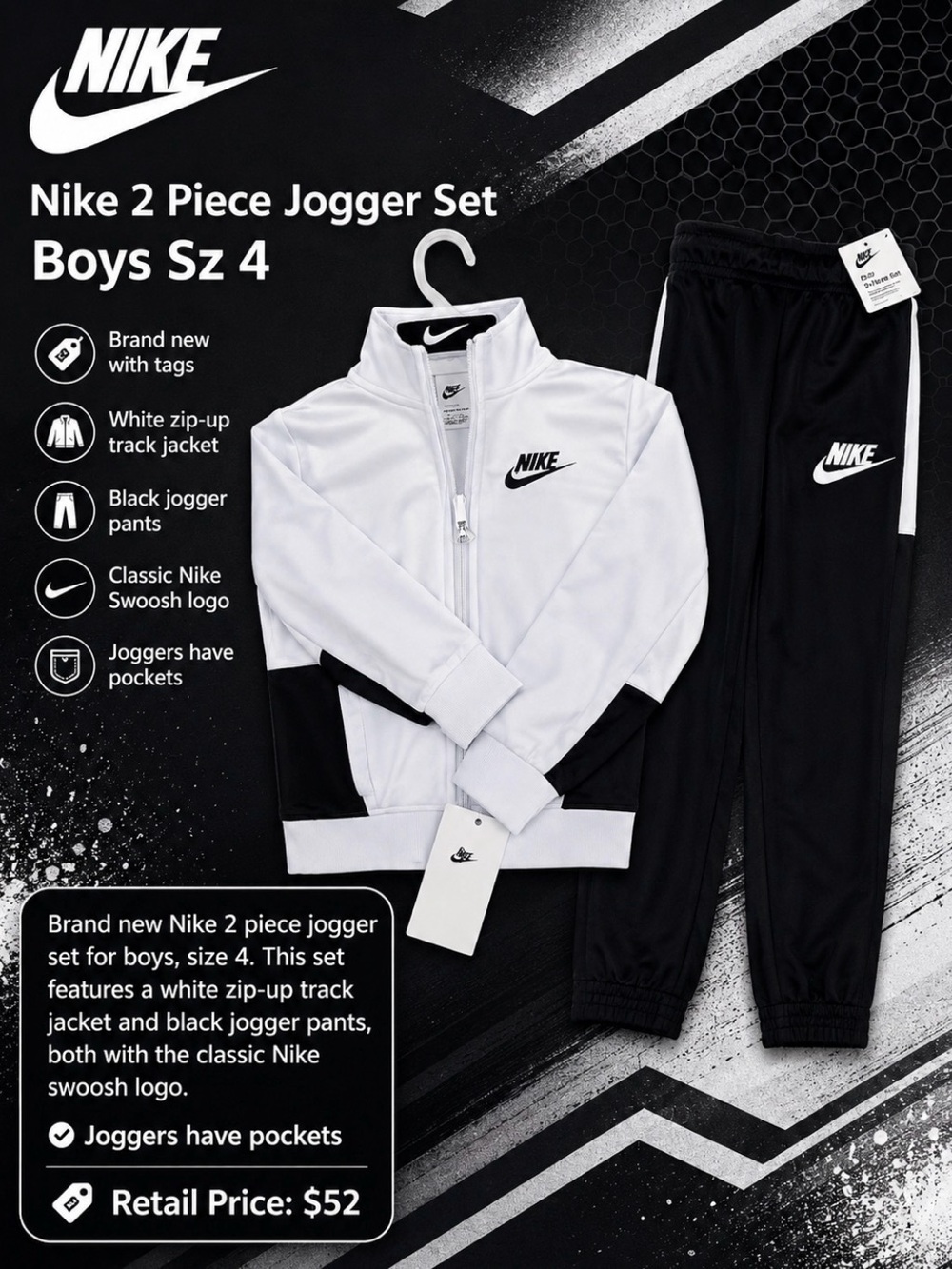 NWT Nike White and Black Kids' Track Set Zippered Jacket & Joggers Set Boys Sz 4